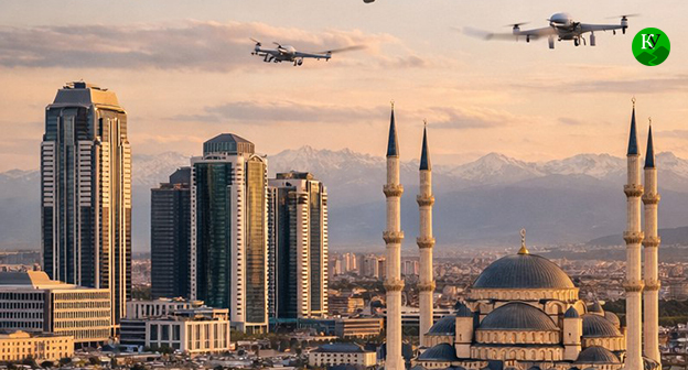 Беспилотники летят над Грозным. Иллюстрация создана "Кавказским узлом" при помощи ИИ в программе Copilot