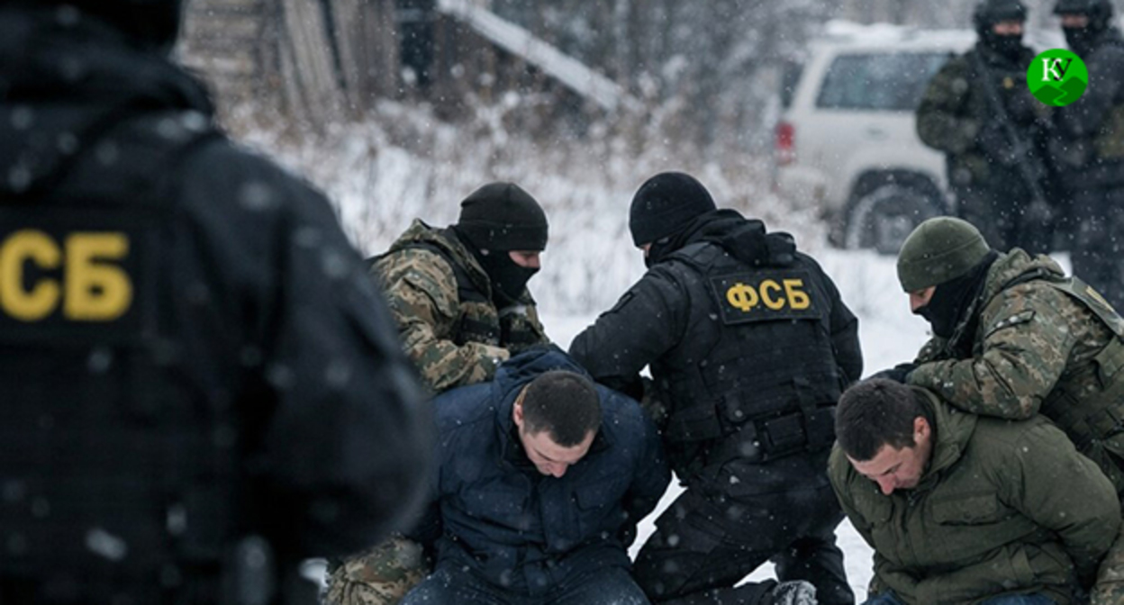 Сотрудники ФСБ во время задержания. Иллюстрация создана "Кавказским узлом" с помощью ИИ в программе Copilot