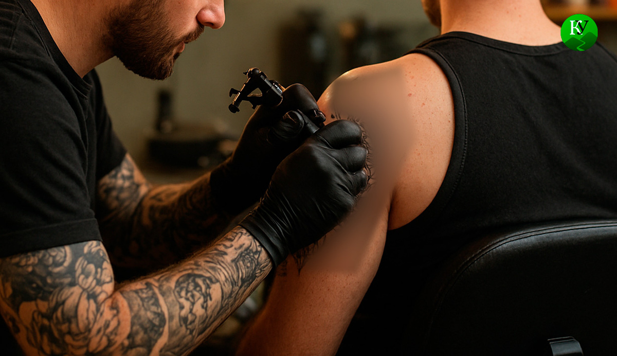 Тату-мастер за работой. Иллюстрация создана «Кавказским узлом» с помощью ИИ в программе Copilot