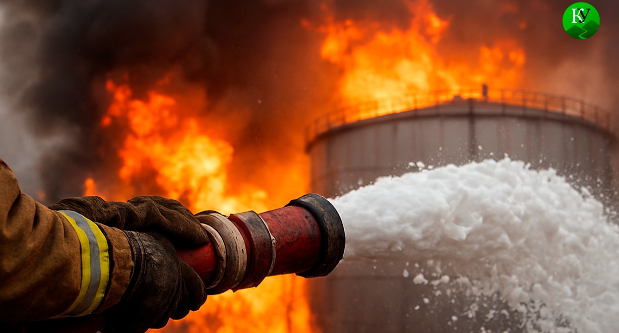 Тушение пожара на нефтебазе. Иллюстрация создана «Кавказским узлом» с помощью ИИ в программе Copilot