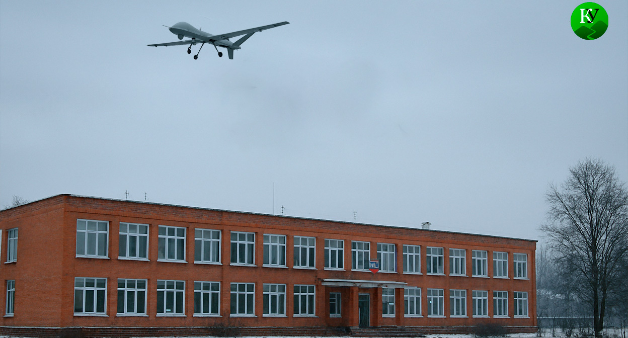 БПЛА около школы. Иллюстрация создана «Кавказским узлом» с помощью ИИ в программе Copilot