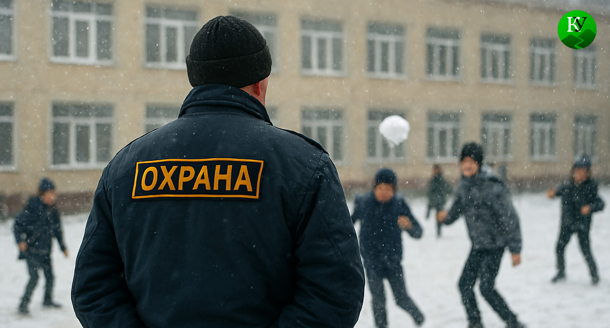 Школьный охранник зимой. Иллюстрация создана «Кавказским узлом» с помощью ИИ в программе Copilot