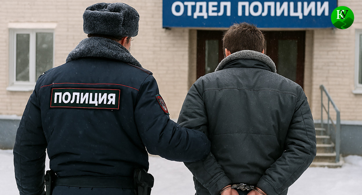 Задержанный у отдела полиции. Иллюстрация создана «Кавказским узлом» с помощью ИИ в программе Photoshop