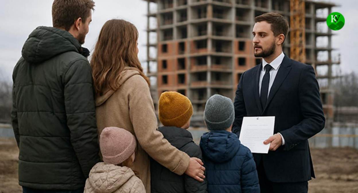 Многодетная семья смотрит на строящийся дом. Иллюстрация создана "Кавказским узлом" при помощи ИИ в программе Copilot