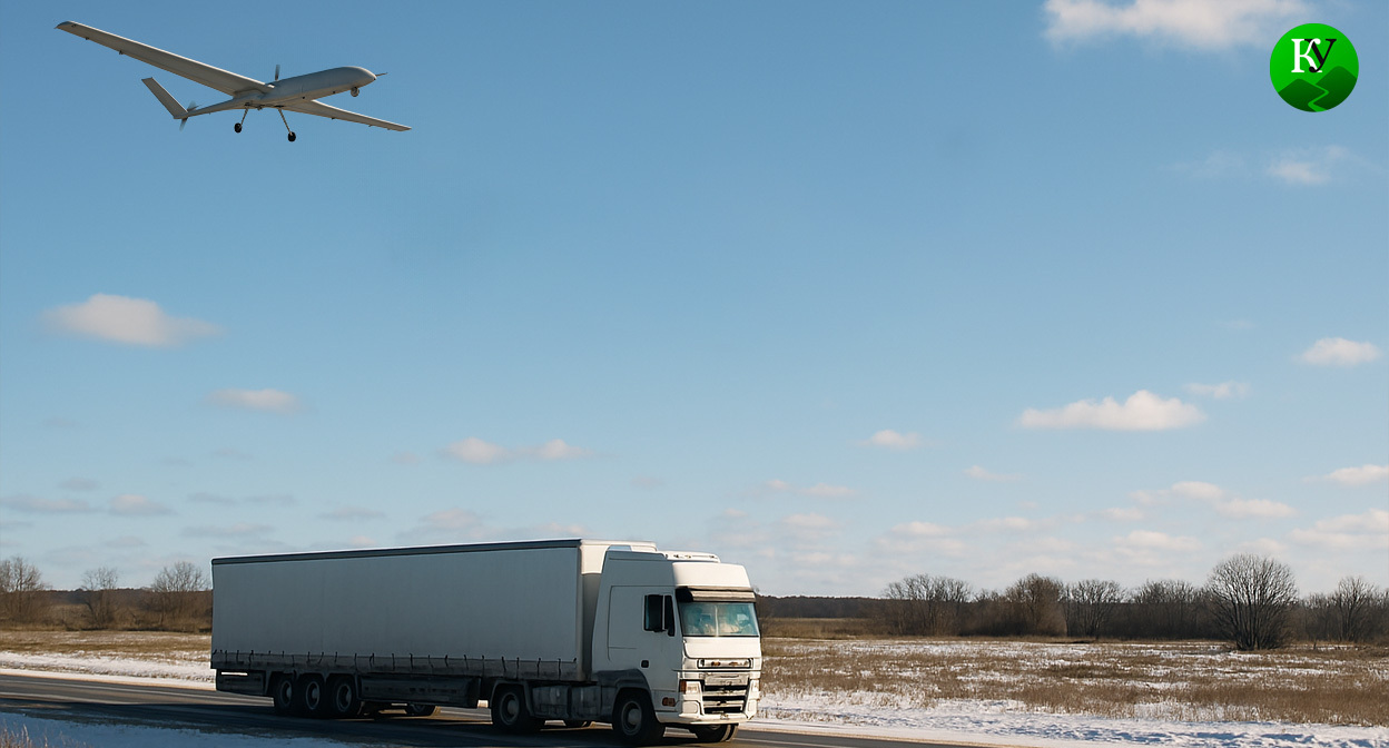 БПЛА и грузовик. Иллюстрация создана «Кавказским узлом» с помощью ИИ в программе Copilot