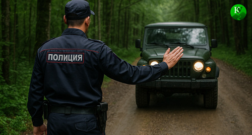 Полицейский останавливает джип в лесу. Иллюстрация создана «Кавказским узлом» с помощью ИИ в программе Copilot