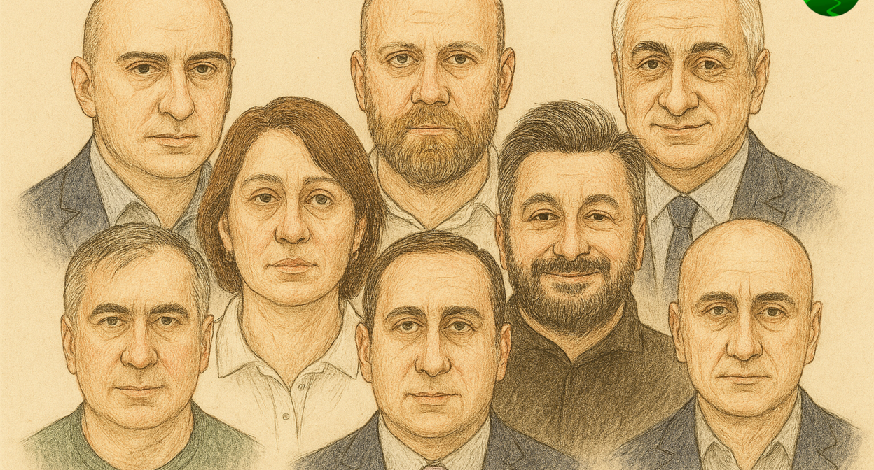 Обвиняемые по делу о саботаже. Иллюстрация создана "Кавказским узлом" с помощью ИИ. 