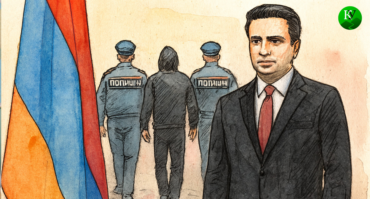 Ален Симонян и полицейские. Иллюстрация создана «Кавказским узлом» с помощью ИИ в программе Copilot