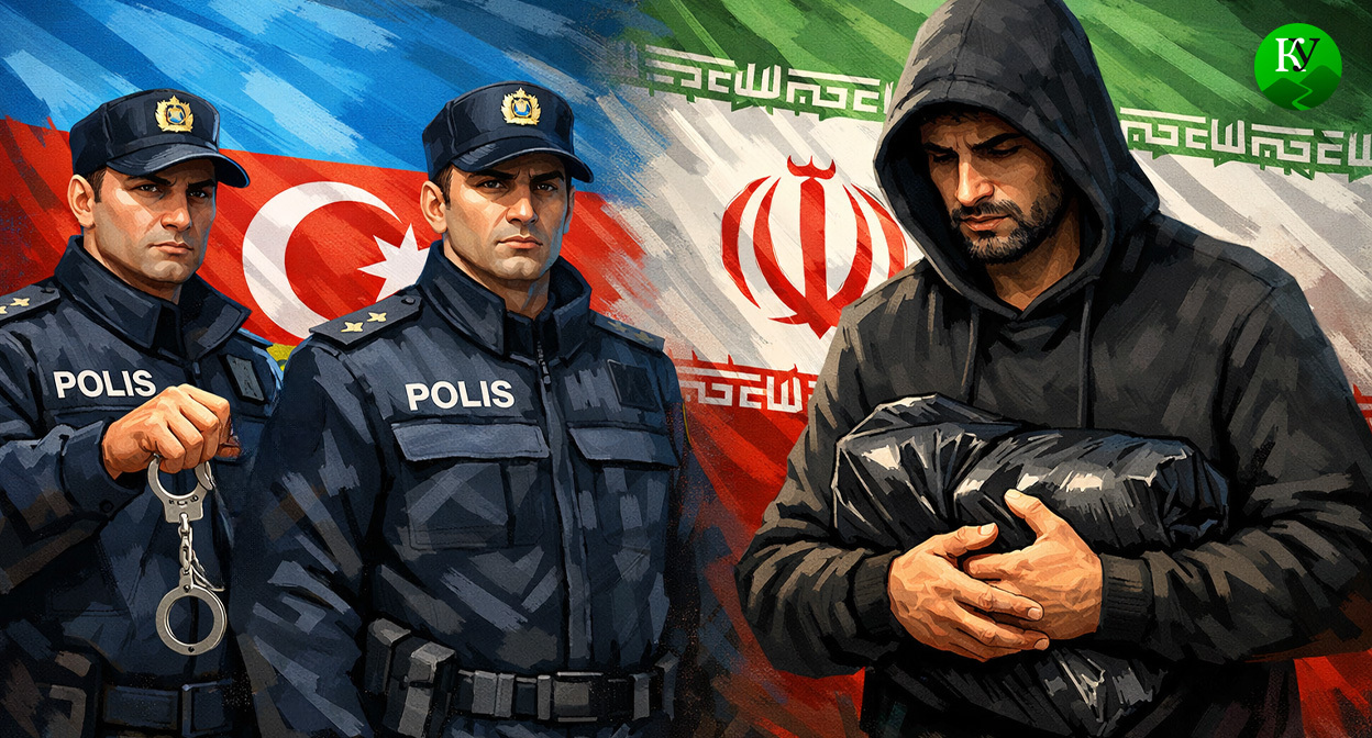 Азербайджанские полицейские и гражданин Ирана. Иллюстрация создана «Кавказским узлом» с помощью ИИ в программе Copilot