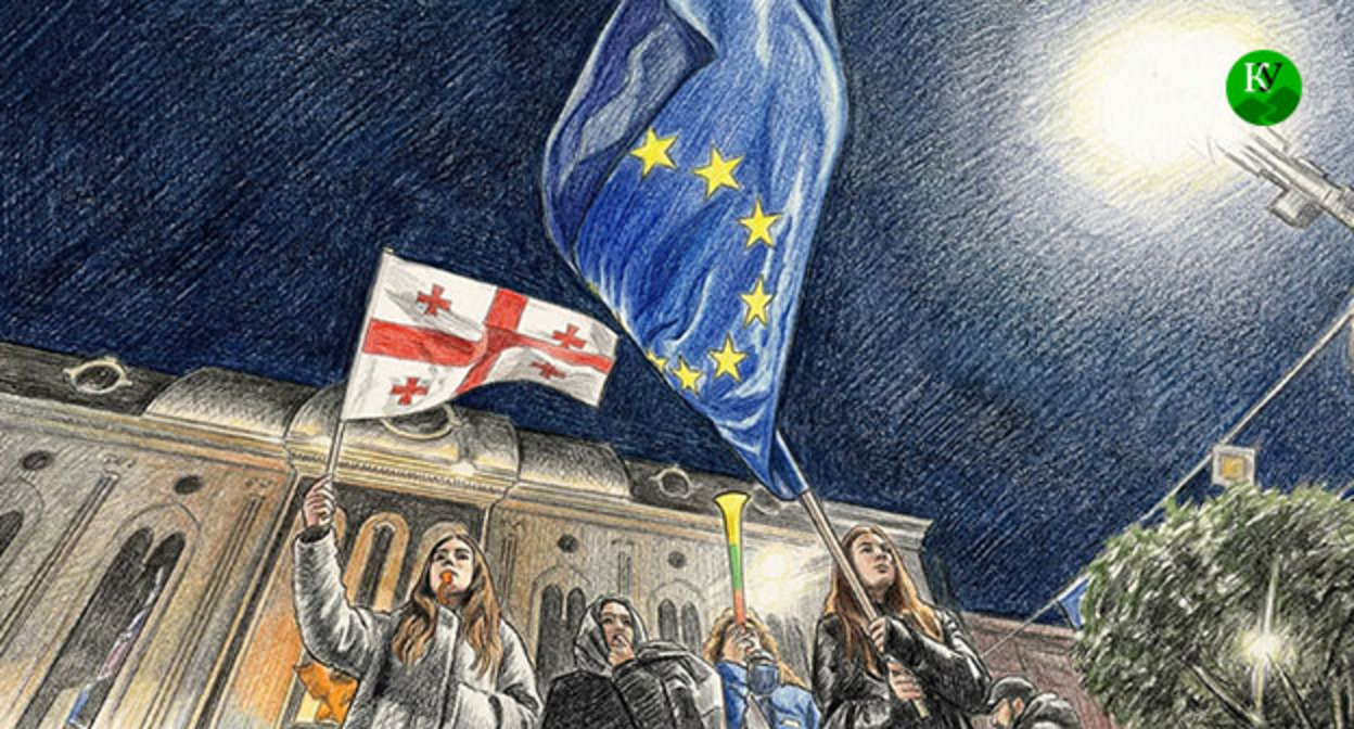 Участники акции протеста в Тбилиси. Иллюстрация создана "Кавказским узлом" при помощи ИИ в программе Copilot