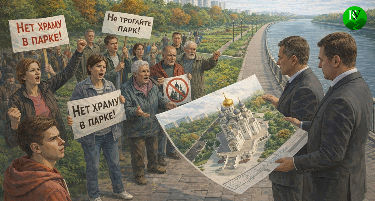 Протест против строительства храма. Иллюстрация создана «Кавказским узлом» с помощью ИИ в программе Copilot