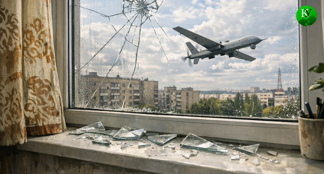 БПЛА за окном. Иллюстрация создана «Кавказским узлом» с помощью ИИ в программе Copilot