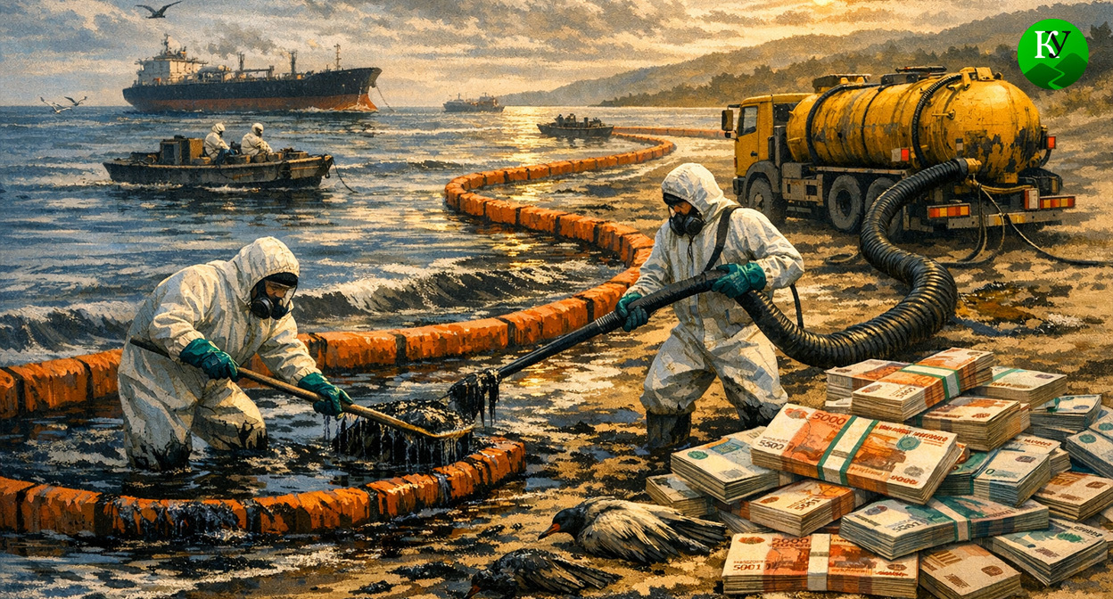 Уборка мазута. Иллюстрация создана «Кавказским узлом» с помощью ИИ в программе Copilot