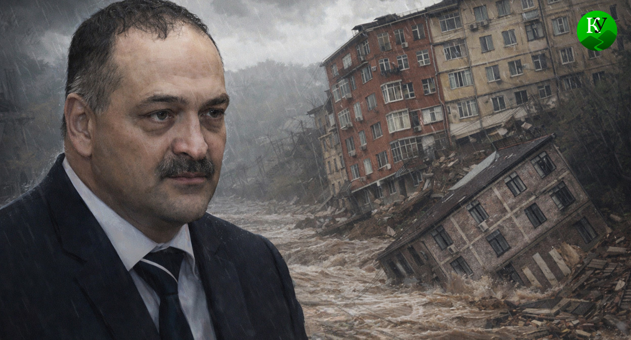 Меликов и обрушенная пристройка. Иллюстрация создана «Кавказским узлом» с помощью ИИ в программе Copilot