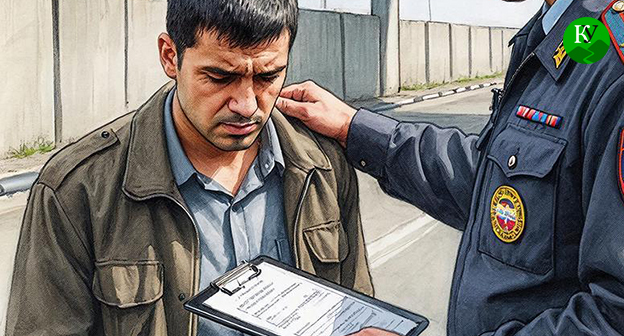 Мужчина стоит рядом с сотрудником пограничной службы. Иллюстрация создана "Кавказским узлом" при помощи ИИ в программе Copilot