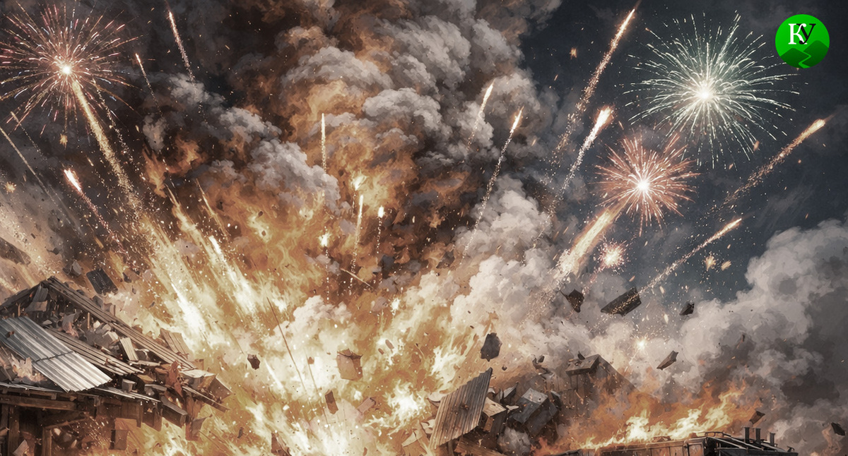 Взрыв на складе с пиротехникой. Иллюстрация создана «Кавказским узлом» с помощью ИИ в программе Copilot Взрыв на складе с пиротехникой. Иллюстрация создана «Кавказским узлом» с помощью ИИ в программе Copilot