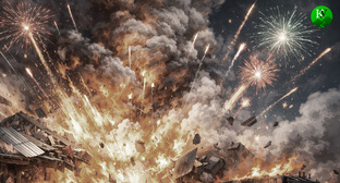 Взрыв на складе с пиротехникой. Иллюстрация создана «Кавказским узлом» с помощью ИИ в программе Copilot