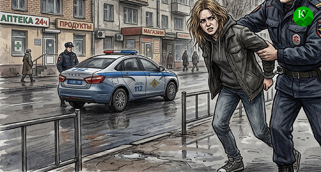Сотрудник полиции задерживает женщину. Иллюстрация создана "Кавказским узлом" при помощи ИИ в программе Copilot