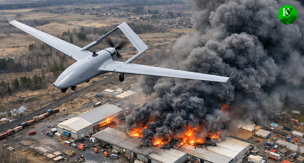 БПЛА и повреждение коммерческого объекта. Иллюстрация создана «Кавказским узлом» с помощью ИИ в программе Copilot