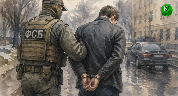 Сотрудник ФСБ задерживает мужчину. Иллюстрация создана "Кавказским узлом" при помощи ИИ в программе Copilot