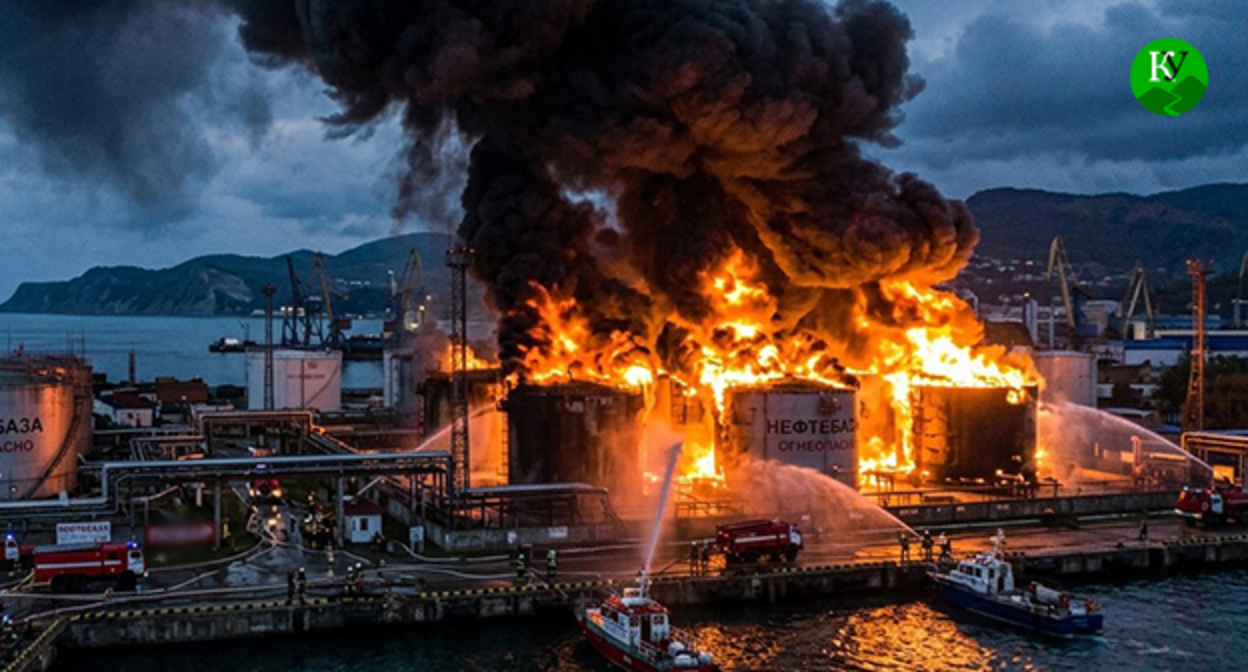 Пожар в Туапсе. Иллюстрация создана "Кавказским узлом" при помощи ИИ в программе Copilot