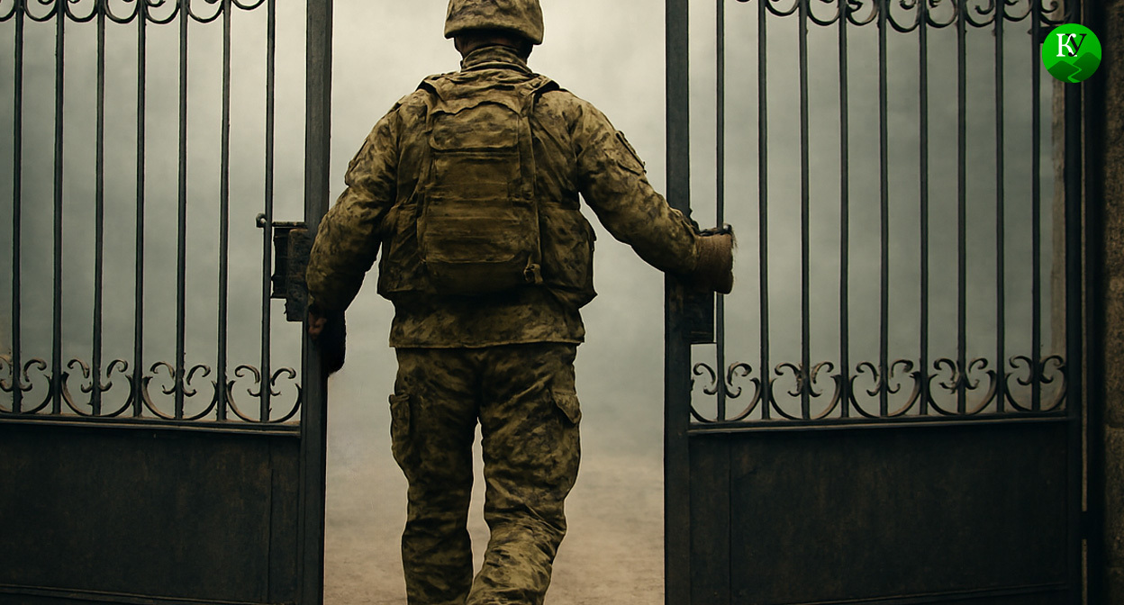 Военный покидает часть. Иллюстрация создана «Кавказским узлом» с помощью ИИ в программе Copilot