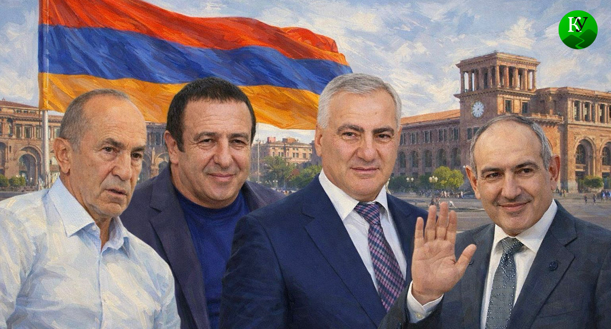 Роберт Кочарян, Гагик Царукян, Самвел Карапетян, Никол Пашинян (слева направо). Иллюстрация создана "Кавказским узлом" при помощи ИИ в программе Copilot