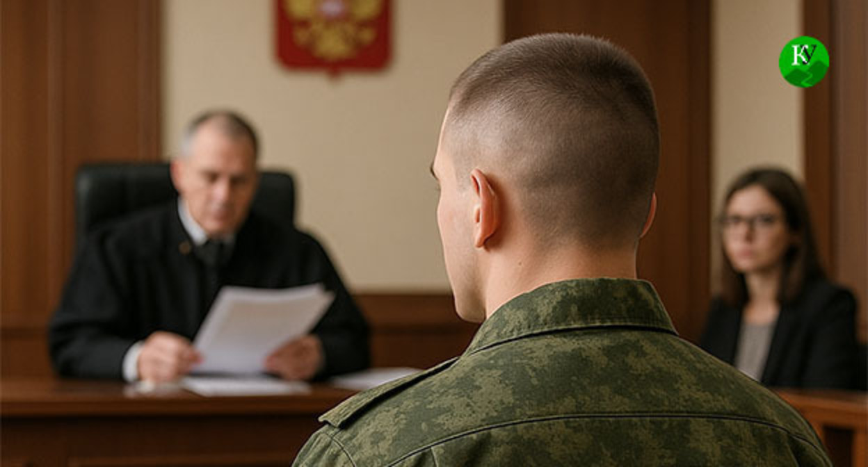 Военнослужащий в зале суда. Иллюстрация "Кавказского узла", созданная в ИИ с помощью программы Copilot