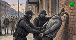 Сотрудники правоохранительных органов задерживают мужчину. Иллюстрация создана "Кавказским узлом" при помощи ИИ в программе Copilot
