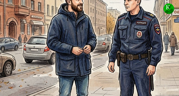 Сотрудник полиции стоит рядом с мужчиной. Иллюстрация создана "Кавказским узлом" при помощи ИИ в программе Copilot