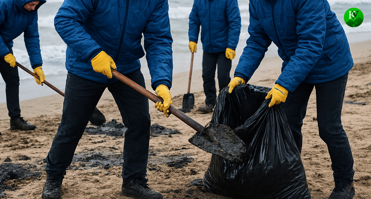 Уборка мазута. Иллюстрация создана «Кавказским узлом» с помощью ИИ в программе Copilot