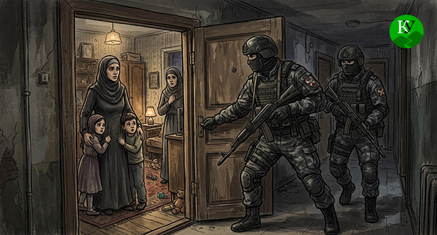 Сотрудники силовых структур заходят в квартиру. Иллюстрация создана "Кавказским узлом" при помощи ИИ в программе Copilot
