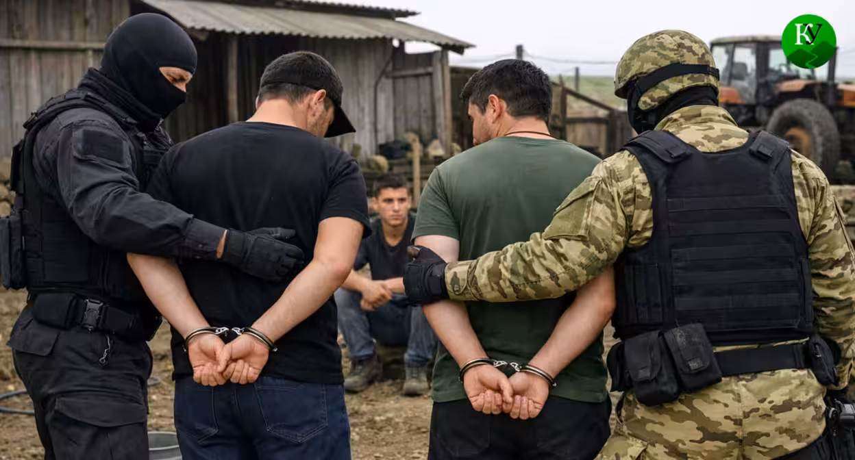 Задержание подозреваемых в использовании рабского труда. Иллюстрация создана «Кавказским узлом» с помощью ИИ в программе Copilot Задержание подозреваемых в использовании рабского труда. Иллюстрация создана «Кавказским узлом» с помощью ИИ в программе Copilot