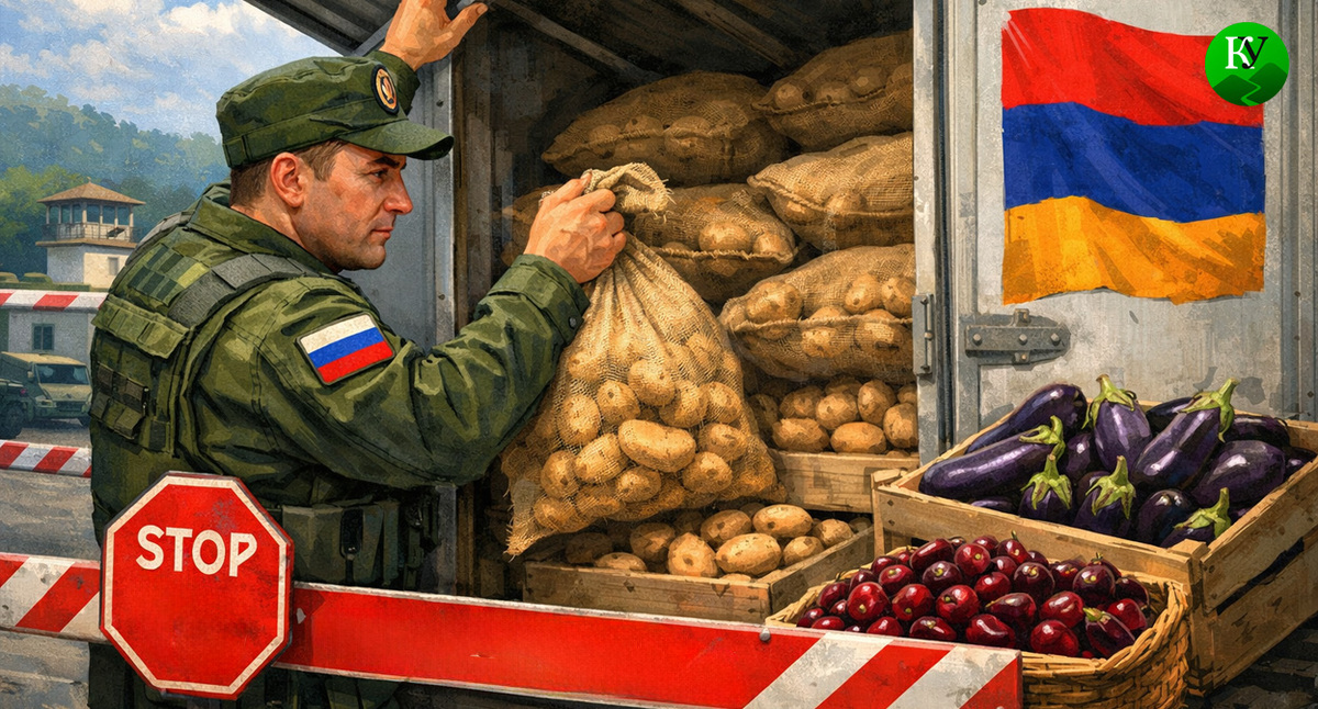 Пограничник проверяет груз фуры. Иллюстрация создана «Кавказским узлом» с помощью ИИ в программе Copilot