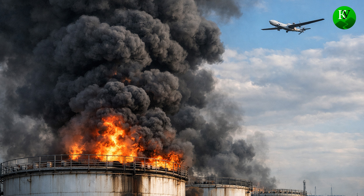 Пожар на нефтебазе. Иллюстрация создана «Кавказским узлом» с помощью ИИ в программе Copilot