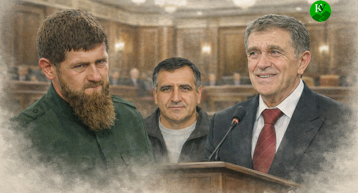 Рамзан Кадыров, Ахмедпаша Умаханов, Ахмат Салпагаров. Иллюстрация создана "Кавказским узлом" при помощи ИИ в программе Copilot