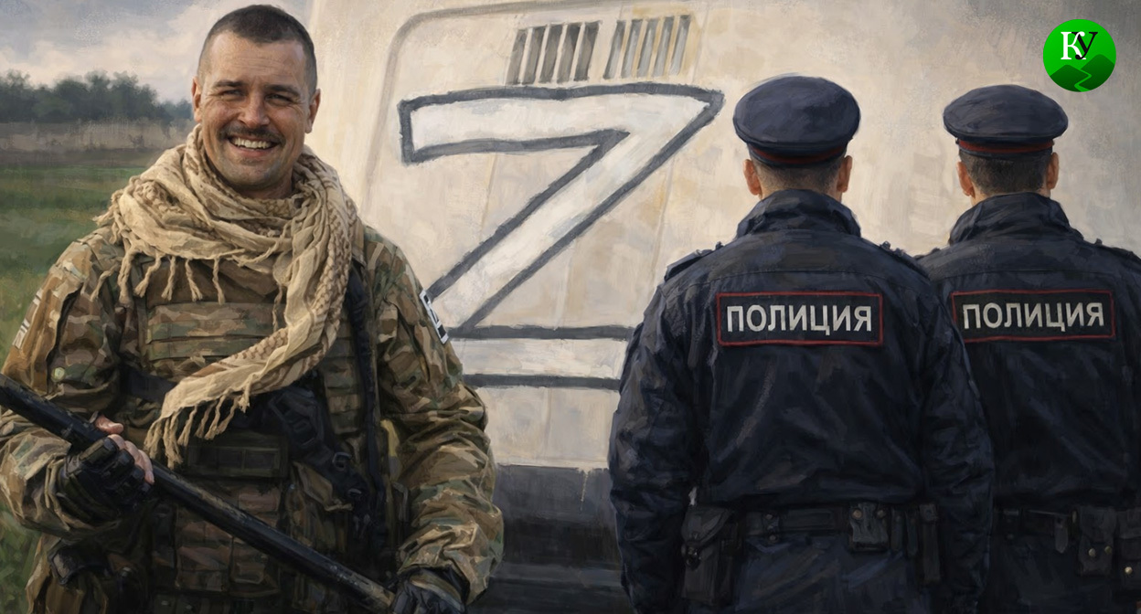 Егор Гузенко и полиция. Иллюстрация создана «Кавказским узлом» с помощью ИИ в программе Copilot