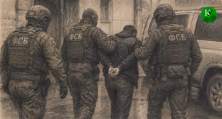 Cотрудники ФСБ задерживают мужчину. Иллюстрация создана "Кавказским узлом" при помощи ИИ в программе Copilot