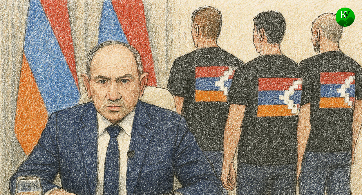 Пашинян и карабахские беженцы. Иллюстрация создана «Кавказским узлом» с помощью ИИ в программе Copilot