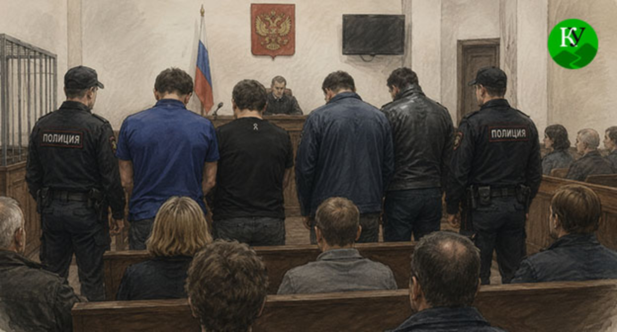 Осужденные в зале суда. Иллюстрация создана "Кавказским узлом" при помощи ИИ в программе Copilot