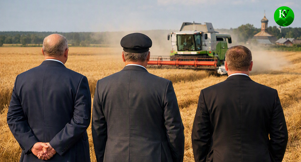 Депутаты и комбайн. Иллюстрация создана «Кавказским узлом» с помощью ИИ в программе Copilot