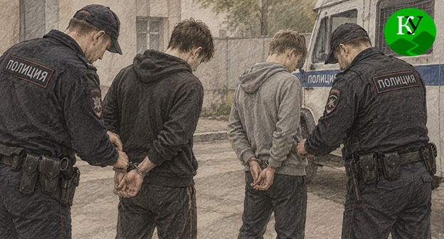Сотрудники полиции надевают наручники. Иллюстрация создана "Кавказским узлом" при помощи ИИ в программе Copilot Сотрудники полиции надевают наручники. Иллюстрация создана "Кавказским узлом" при помощи ИИ в программе Copilot