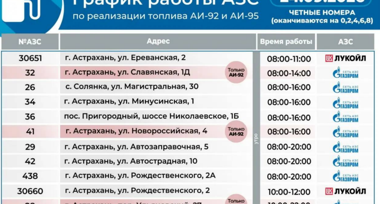 График работы АЗС в Астрахани. Скриншот фото из ТГ Бабушкина от 24.09.26, https://t.me/babushkin30/11638 График работы АЗС в Астрахани. Скриншот фото из ТГ Бабушкина от 24.09.26, https://t.me/babushkin30/11638