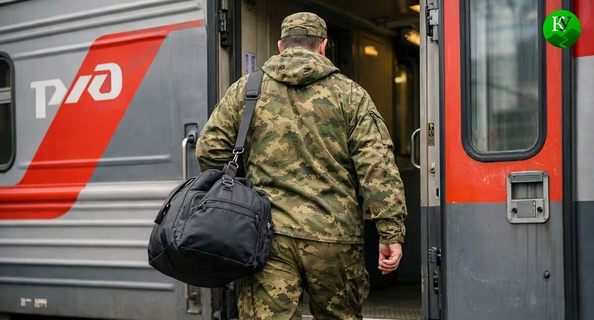 Военный садится в поезд. Иллюстрация создана «Кавказским узлом» с помощью ИИ в программе Copilot