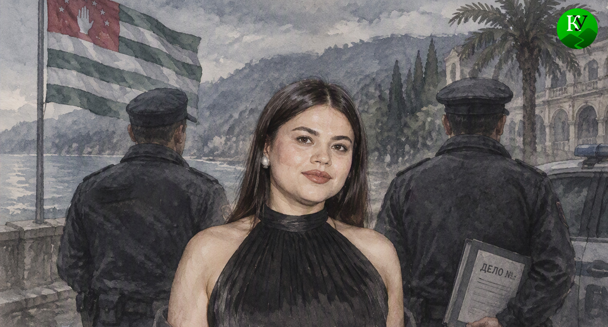Амина Бикбова и абхазские силовики. Иллюстрация создана «Кавказским узлом» с помощью ИИ в программе Copilot