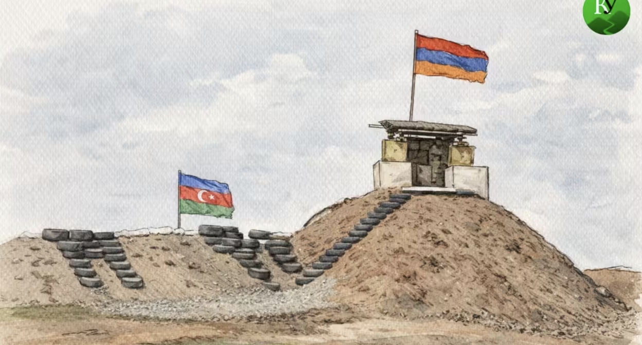 Граница Армении и Азербайджана. Иллюстрация создана "Кавказским узлом" с помощью ИИ. Граница Армении и Азербайджана. Иллюстрация создана "Кавказским узлом" с помощью ИИ.