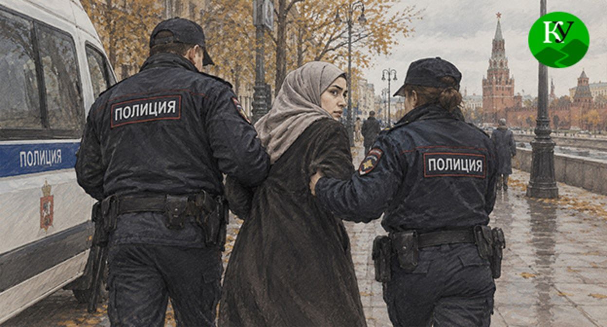 Сотрудники полиции задерживают девушку. Иллюстрация создана "Кавказским узлом" при помощи ИИ в программе Copilot