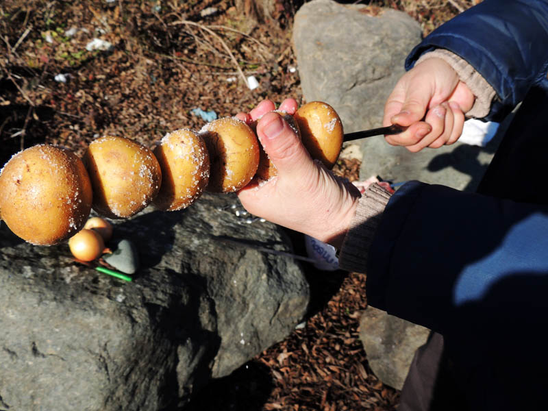 Перед тем, как поставить шампур на угли, мы картошечку обильно посолили крупной солью.