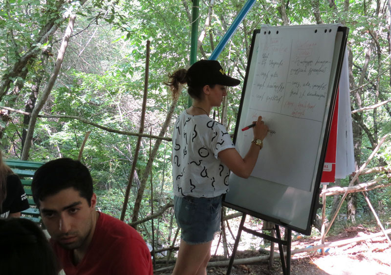  После обобщения презентаций, Лусине делает записи на ватмане.